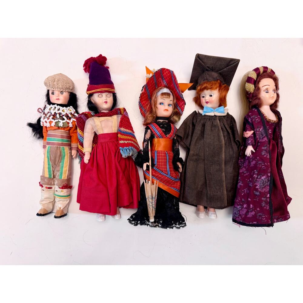 Vintage Mid-Century Hard Plastic Collector Dolls Set of 5 International Figures
